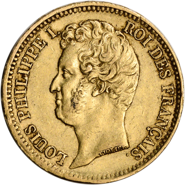 French 20 Franc gold coin featuring Louis Philippe I, inscribed "ROI DES FRANÇAIS", minted by the Mint of France.