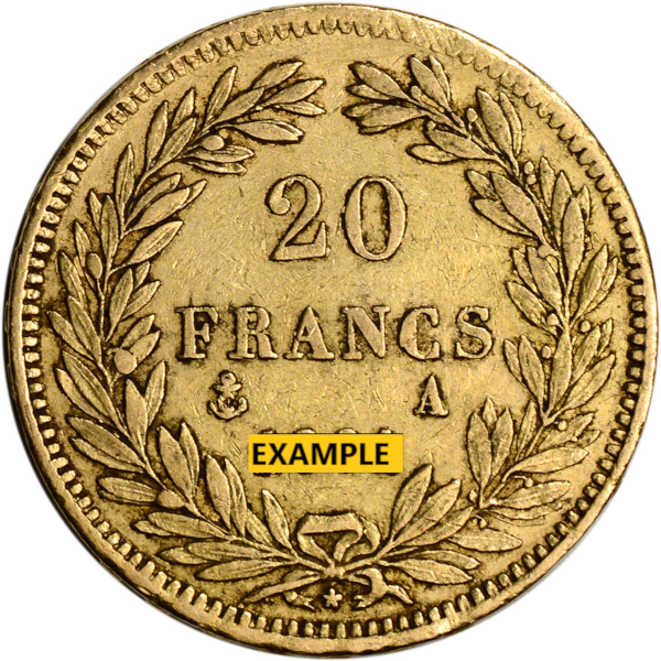 Reverse of 20 Francs French gold coin with wreath design, anchor mintmark, letter "A", and "EXAMPLE" label below.