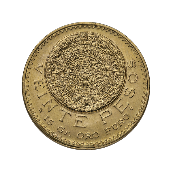 Mexican 20 Peso gold coin featuring Aztec Sun Stone design, marked "15 Gr. Oro Puro", from Mexico's official mint.