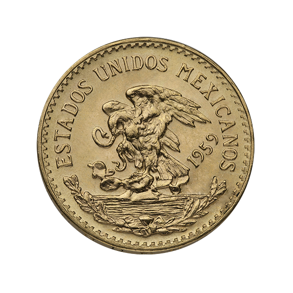 Reverse of 1959 Mexican 20 Peso gold coin showing national emblem: eagle on cactus with serpent, "Estados Unidos Mexicanos".
