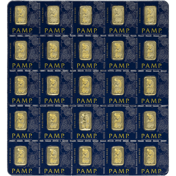 Sheet of 25 1g 24k gold bars by PAMP Suisse in blue assay cards, arranged in a 5x5 grid, total 25g Gold Multigram