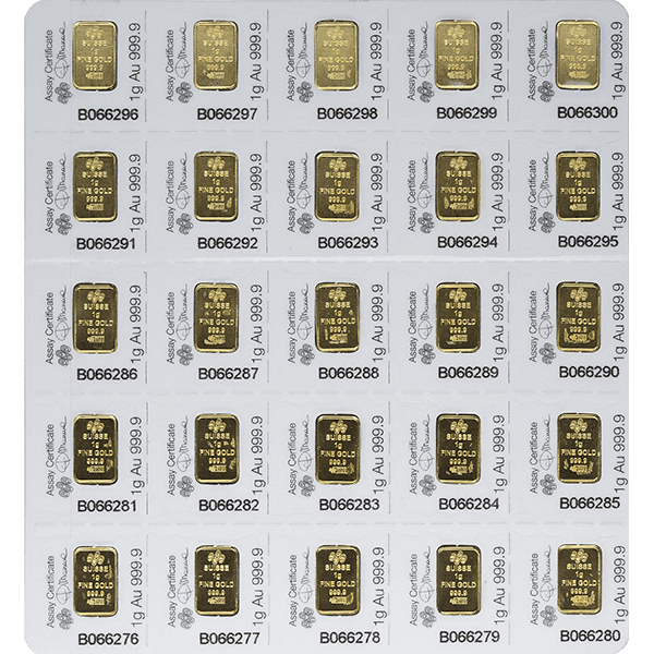 Reverse of 25 1g 24k gold bars by PAMP Suisse in white assay cards with serial numbers, purity, and weight, 25g total