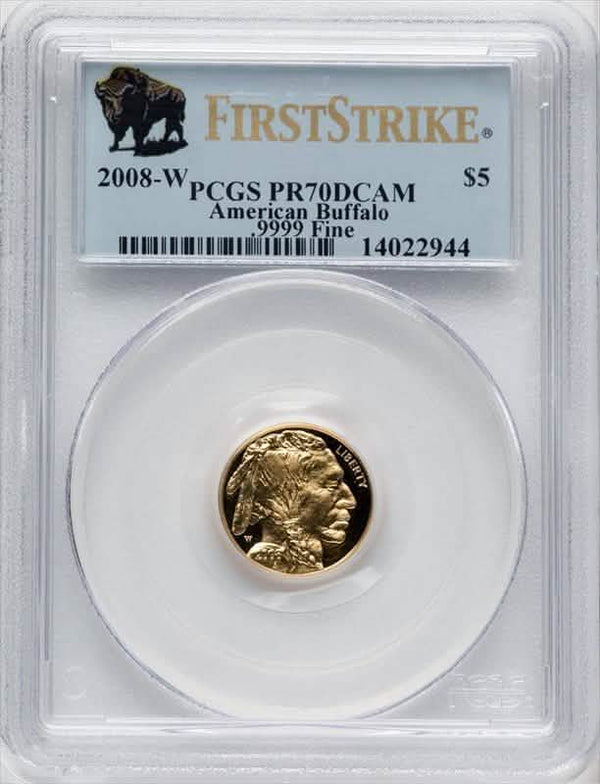 2008-W $5 American Buffalo gold coin PR70DCAM by PCGS, Native American profile, “First Strike” labeled holder