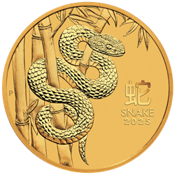 2025 10 oz Perth Mint Gold Snake Lunar coin, detailed snake design, .9999 fine gold, Year of the Snake edition