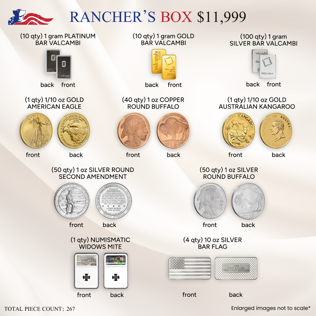 Rancher’s Box bullion collection with platinum, gold, and silver Valcambi bars, silver and copper rounds, numismatic Widow’s Mite, total 267 pieces
