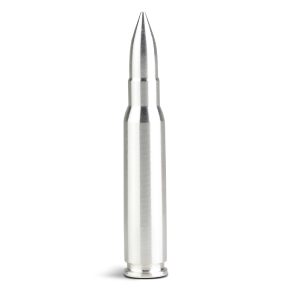 2 oz silver replica of .308 caliber bullet, crafted in .999 fine silver with realistic rifle cartridge design