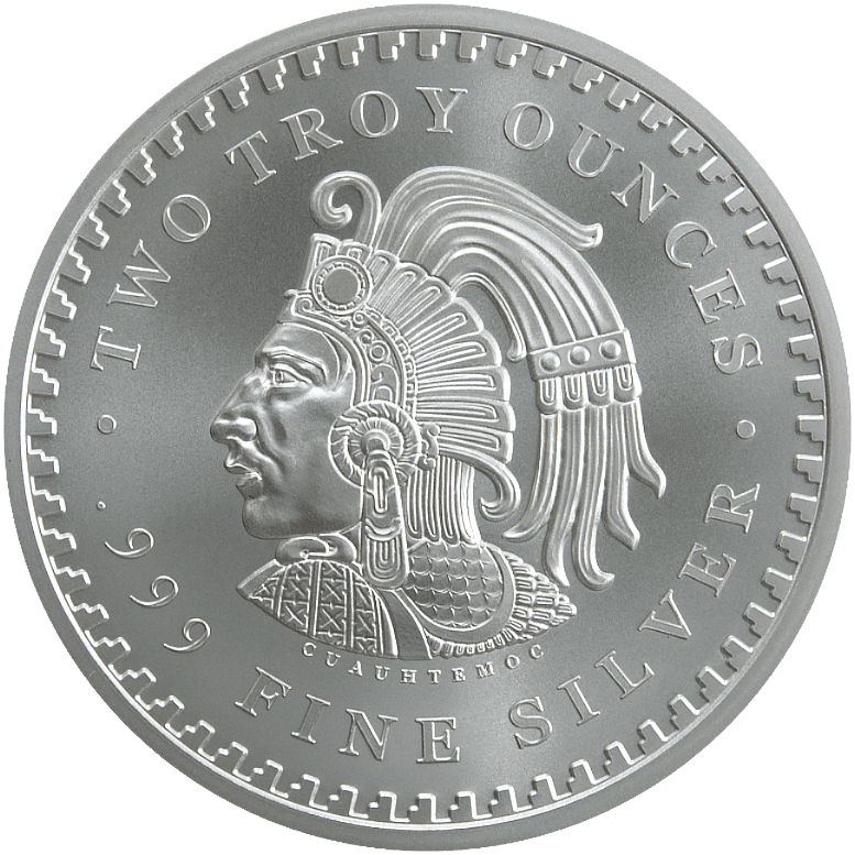 Two troy ounce .999 fine silver coin featuring profile of Aztec leader Cuauhtémoc in traditional headdress.