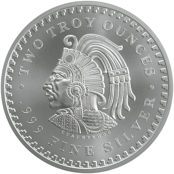 Two troy ounce .999 fine silver coin featuring profile of Aztec leader Cuauhtémoc in traditional headdress.