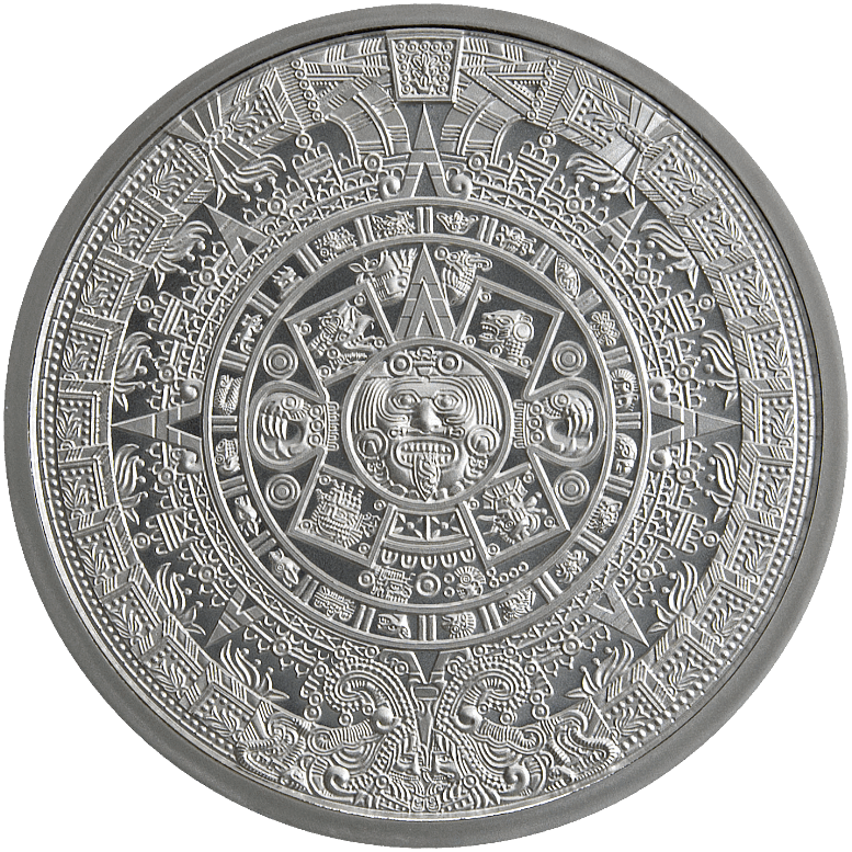 Detailed Aztec calendar design engraved on silver coin, featuring central Sun Stone with intricate tribal symbols and patterns