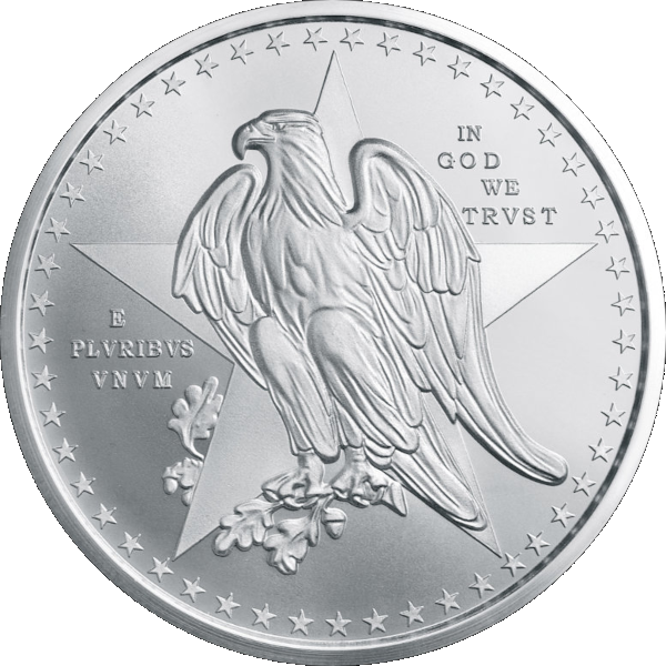 Silver coin with perched eagle over star, surrounded by 26 stars, inscribed with 'E Pluribus Unum' and 'In God We Trust'.