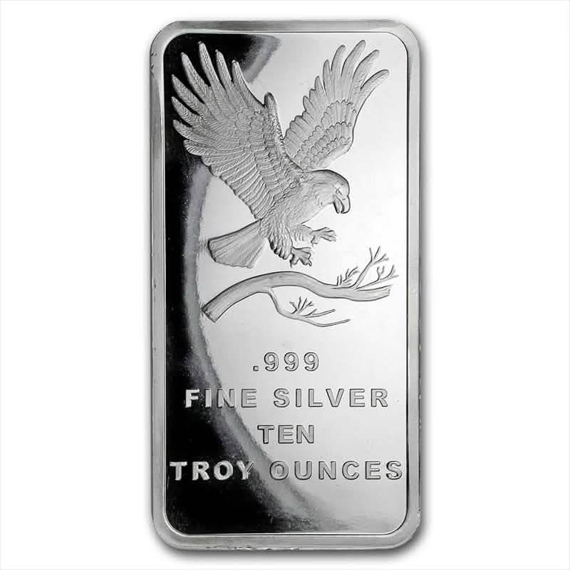 Ten troy ounce silver bar with .999 purity, featuring an eagle landing on a branch, precision struck in high polish finish for bullion collectors.