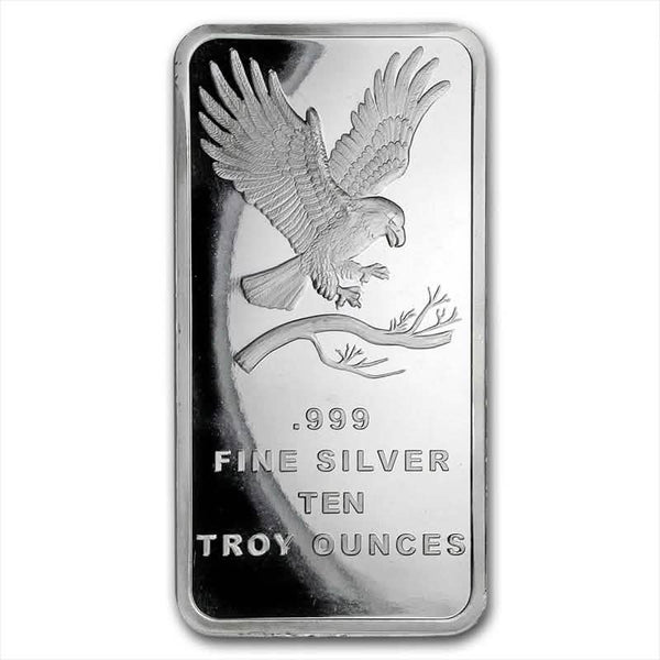 Ten troy ounce silver bar with .999 purity, featuring an eagle landing on a branch, precision struck in high polish finish for bullion collectors.