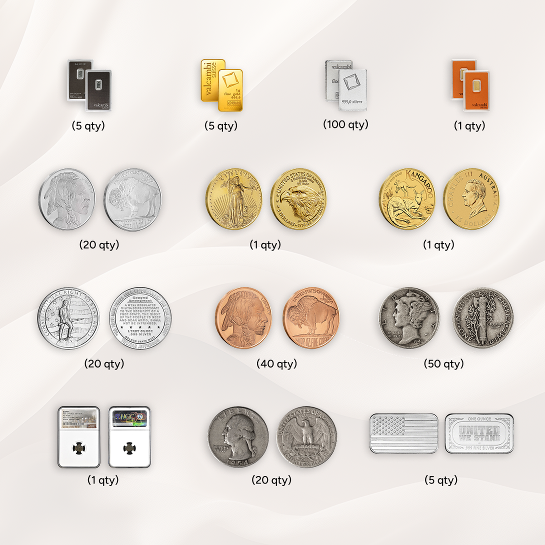 Assorted gold, silver, and copper coins with silver bars, each labeled by quantity.