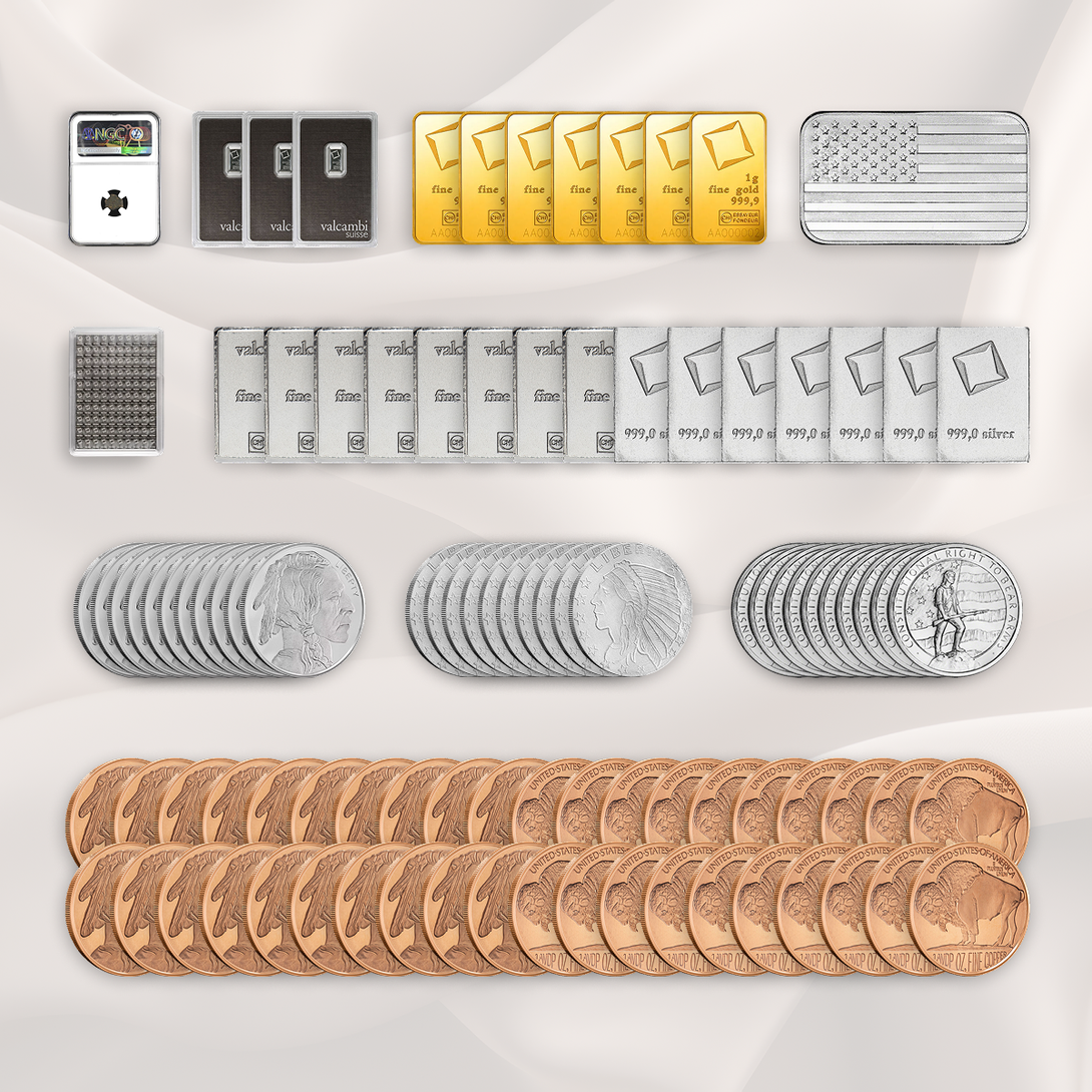 Assorted gold, silver, and copper coins with silver bars arranged in rows