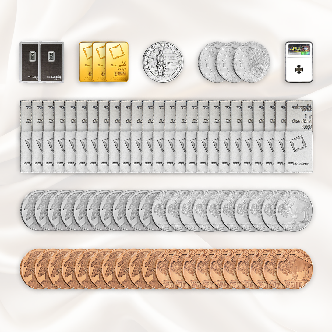 Neatly arranged collection of silver bars, gold bars, silver coins, and copper coins