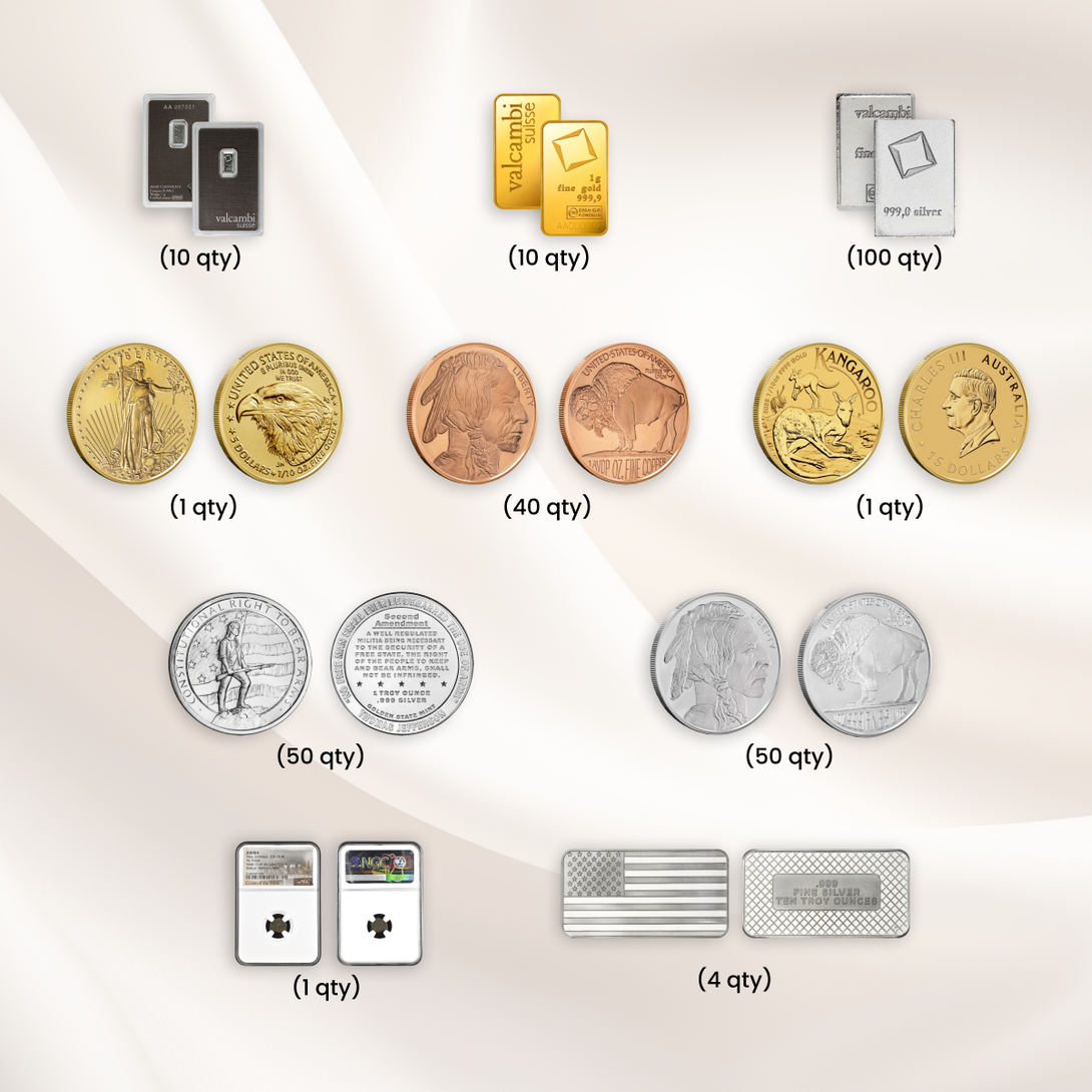 Rancher's Box – exclusive collection of silver bars, gold bars, silver coins, and copper rounds featuring iconic American designs