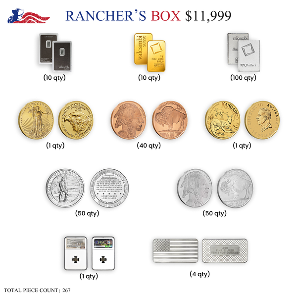 267-piece Rancher’s Box with gold eagle & kangaroo coins, silver bars & rounds, priced at $11,999.