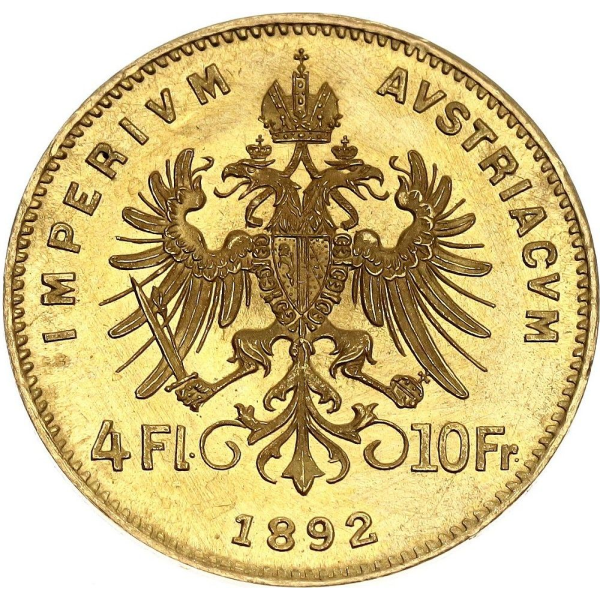 4 FLORIN AUSTRIAN/10 FRANC GOLD COIN - Reverse