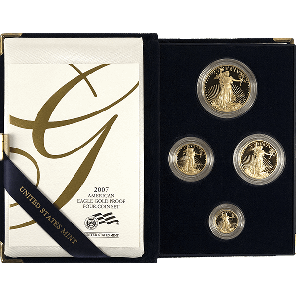 2007 American Eagle Gold Proof Set with 4 coins in display box, issued by the U.S. Mint with original packaging.