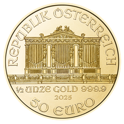 2025 Austrian Gold Philharmonic 1/2 oz coin, 999.9 fine gold, 50 Euro face value, issued by Austrian Mint.