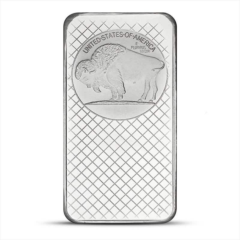 Reverse of 1 oz silver bar featuring a buffalo and "United States of America" text with crosshatch background design.