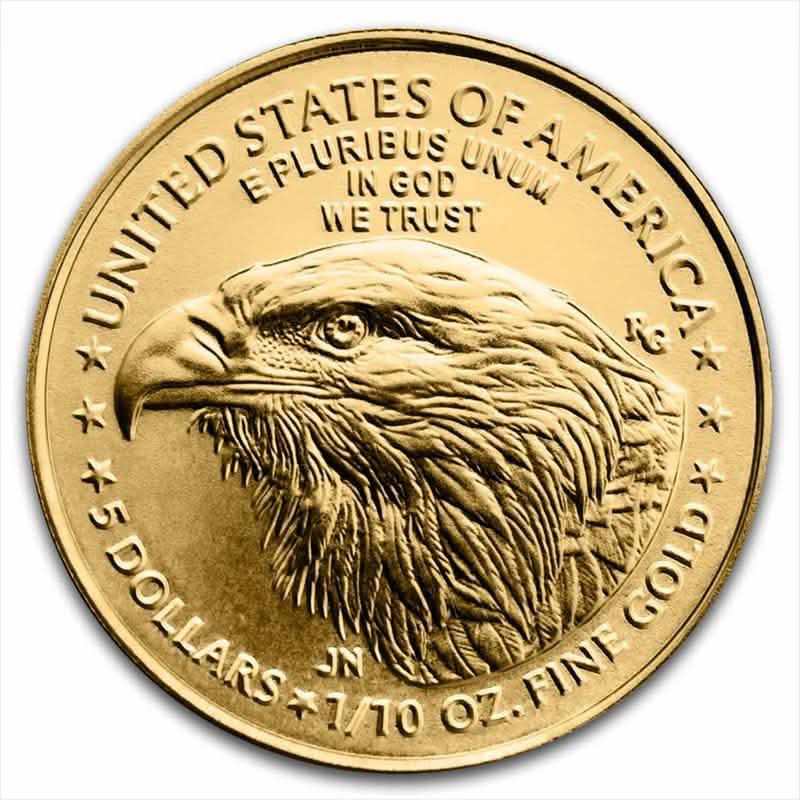 Obverse of 1/10 oz U.S. gold coin featuring a bald eagle head, $5 face value, and inscriptions of trust and unity.