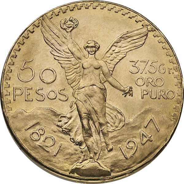Mexican 50 Pesos gold coin with Winged Victory, “50 Pesos,” “37.5 Gr. Oro Puro,” years 1821–1947, struck in .900 fine gold