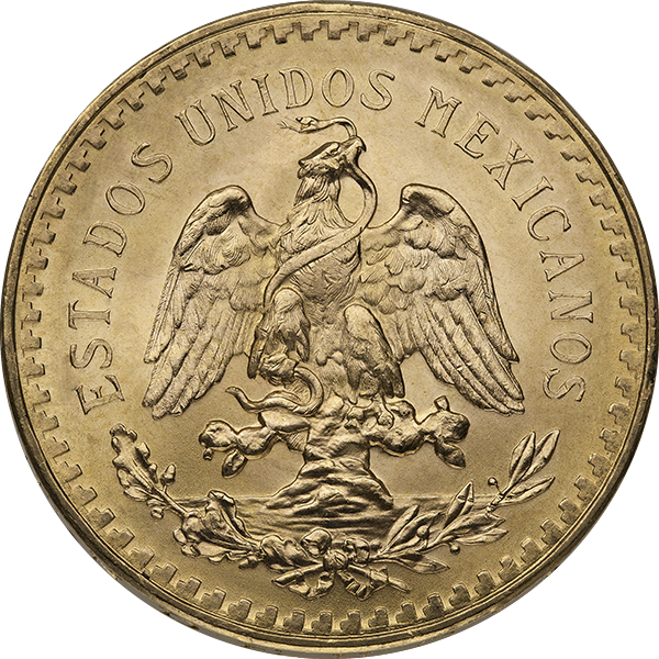 Reverse of Mexican 50 Pesos gold coin with eagle on cactus holding snake, “Estados Unidos Mexicanos” inscription