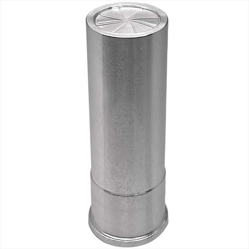 Silver bullion shaped like a shotgun shell with smooth body, crimped top, and polished reflective finish.
