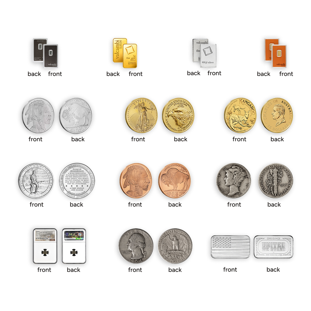 Front and back views of segmented silver rounds, silver bars, gold bars, and copper coins