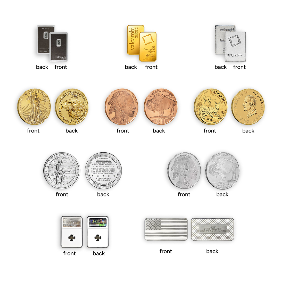 Rancher’s Box showcasing front and back views of gold, silver, and copper coins and bars, ideal for collectors and precious metal investors.
