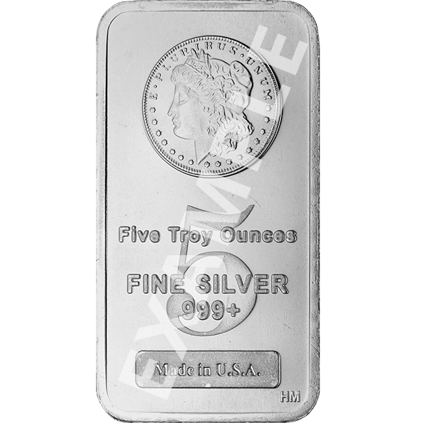 5 oz silver bar with Morgan dollar image, “Five Troy Ounces,” “FINE SILVER 999+,” “Made in U.S.A.,” and “SAMPLE.”