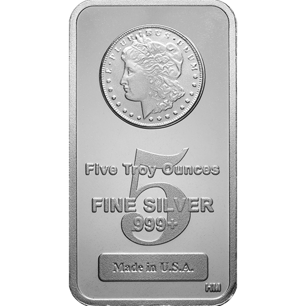 5 oz silver bar with Morgan dollar design, large “5,” “FINE SILVER 999+,” “Made in U.S.A.,” matte finish, raised lettering.