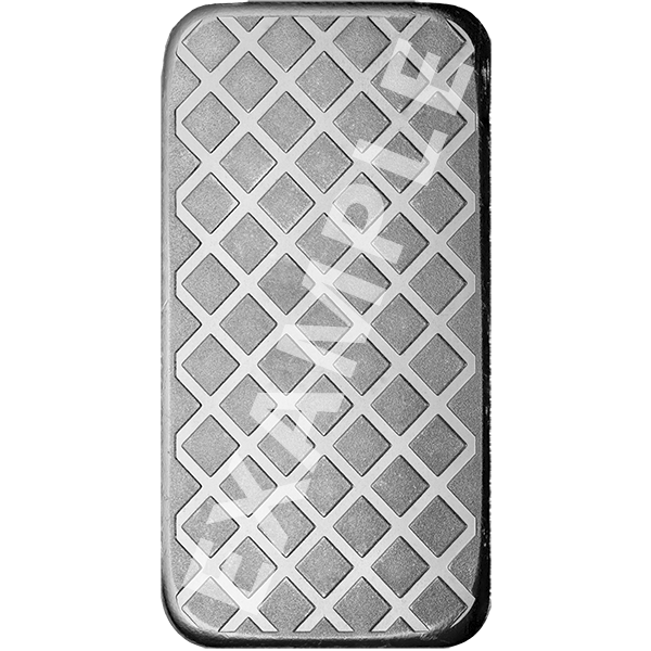 Reverse of 5 oz silver bar with diamond lattice pattern and vertical “SAMPLE” watermark, polished finish