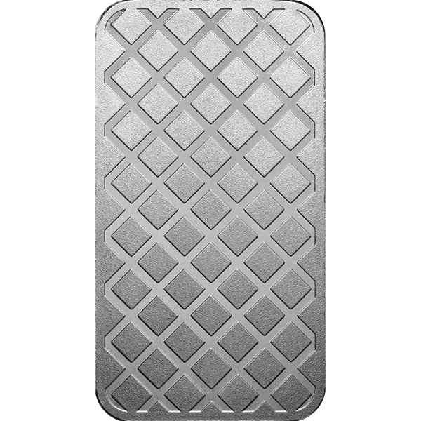 Reverse of 5 oz silver bar with clean diamond lattice pattern, matte and polished finish, rounded edges.