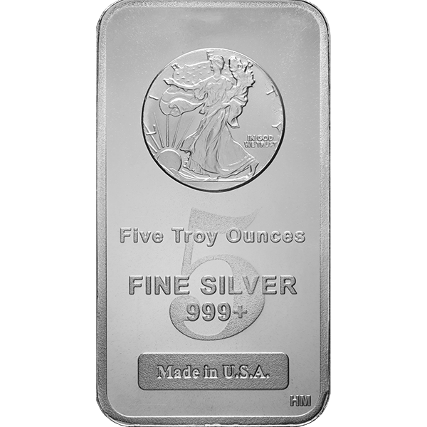 5 oz silver bar with Walking Liberty design, large “5,” “FINE SILVER 999+,” “Made in U.S.A.,” matte finish.