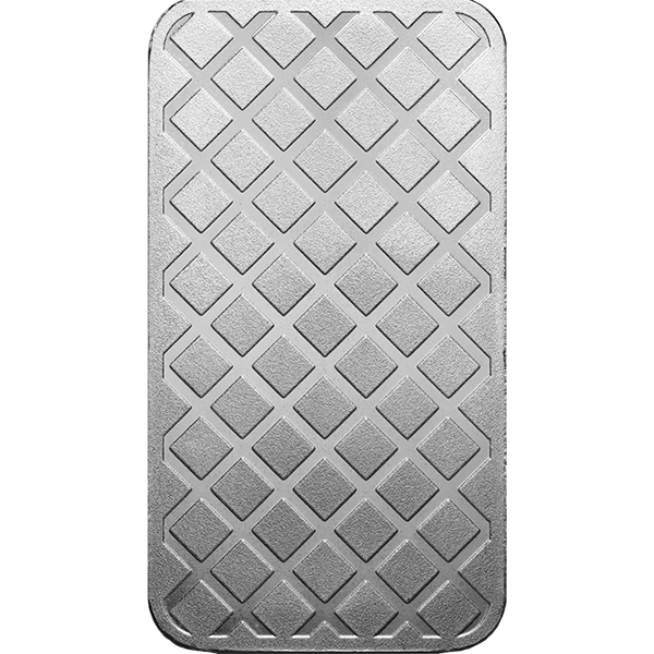 Reverse of 5 oz silver bar with diamond lattice pattern, matte finish, polished raised lines, rounded corners.