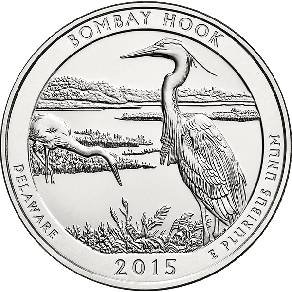 2015 Bombay Hook quarter reverse featuring herons in wetland scene, inscribed Delaware and E Pluribus Unum