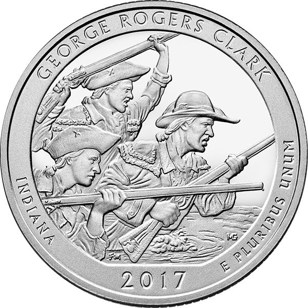 2017 coin of George Rogers Clark leading soldiers with rifles during battle, marked 'Indiana' and 'E Pluribus Unum'