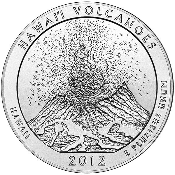2012 coin depicting erupting volcano with lava flows from Hawai'i Volcanoes National Park, marked 'Hawaii' and 'E Pluribus Unum'
