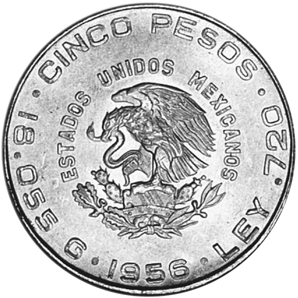 1955-1957 MEXICAN 5 PESO SILVER HIDALGO - Obverse