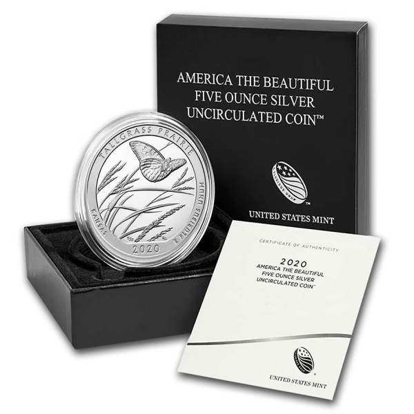 2020 America the Beautiful Tallgrass Prairie 5 oz Silver Uncirculated Coin with display box and certificate from the United States Mint.