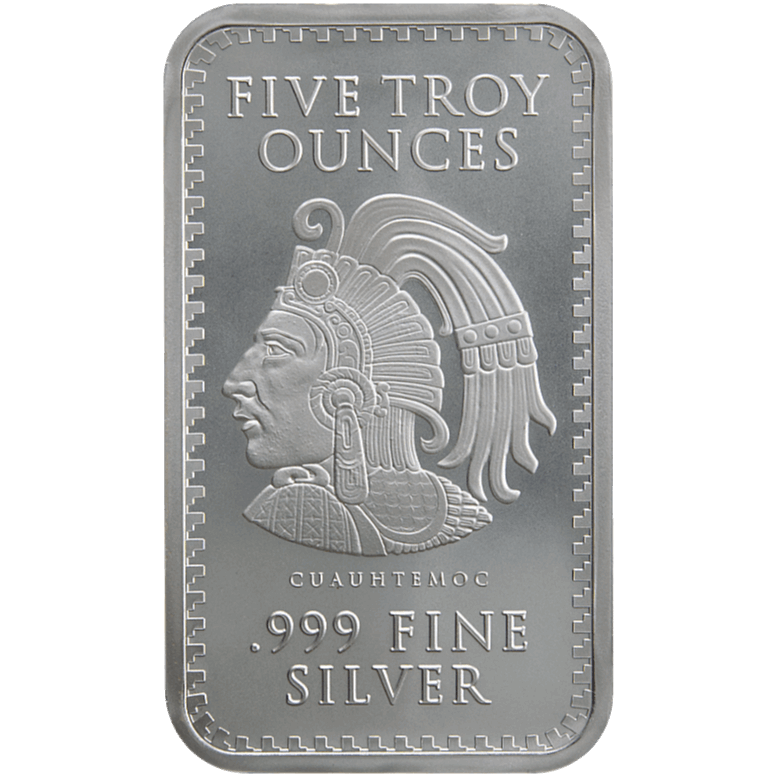 Five troy ounce .999 fine silver bar featuring Cuauhtémoc design, high-quality bullion for collectors and investors