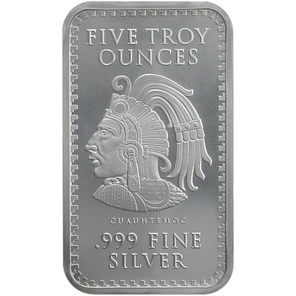 Five troy ounce .999 fine silver bar featuring Cuauhtémoc design, high-quality bullion for collectors and investors