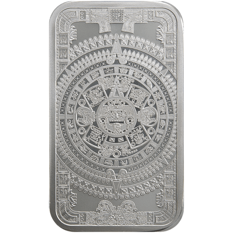 Five troy ounce .999 fine silver bar featuring detailed Aztec Sun Stone calendar design, collectible bullion for investors and history enthusiasts