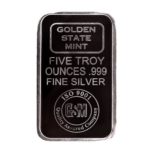 Golden State Mint five troy ounce .999 fine silver bar with ISO 9001 quality assurance seal, premium bullion for investors and collectors