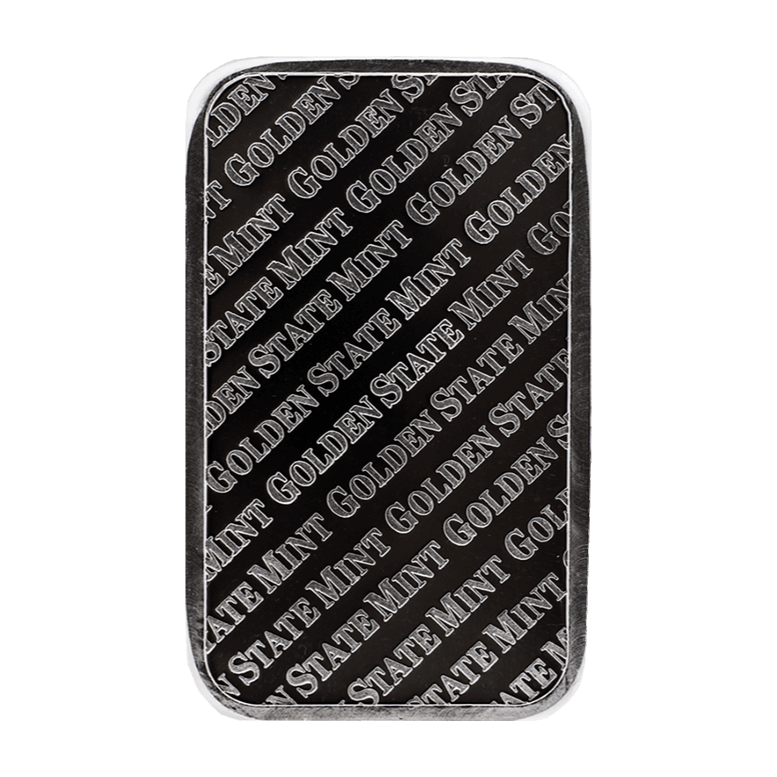 Reverse of Golden State Mint five troy ounce .999 fine silver bar featuring repeating logo design for authenticity and security