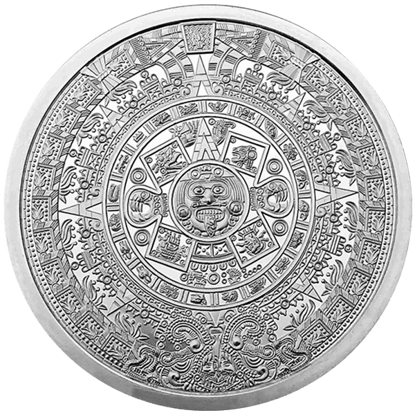 Intricately detailed Aztec Calendar silver round featuring Sun Stone design with symbolic patterns and central face of Tonatiuh.