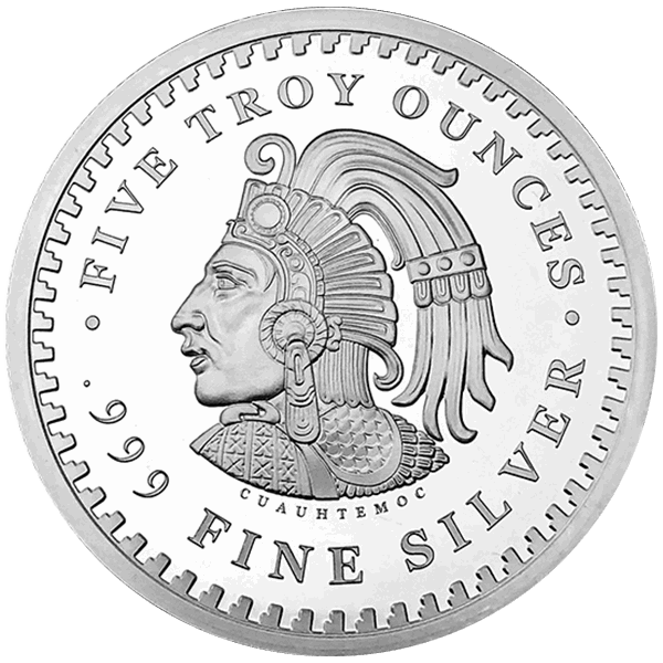 Reverse of 5 OZ SILVER ROUND AZTEC CALENDAR