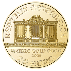 2023 Austrian Philharmonic 1/4 oz gold coin, 99.99% pure, featuring Vienna Musikverein’s Great Organ design with face value of 25 Euro.